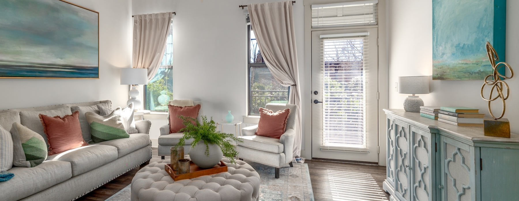 a living room with a fan