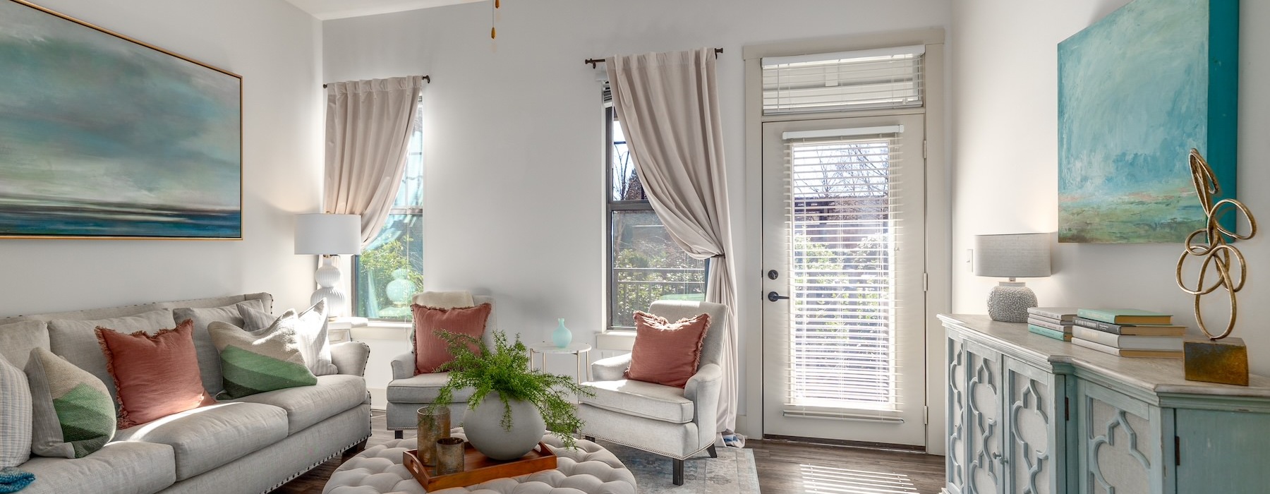 a living room with a fan