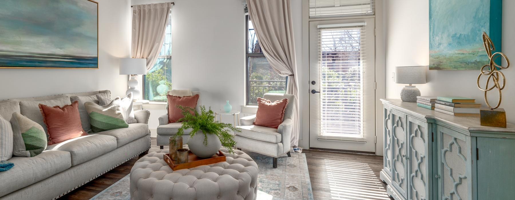 a living room with a fan